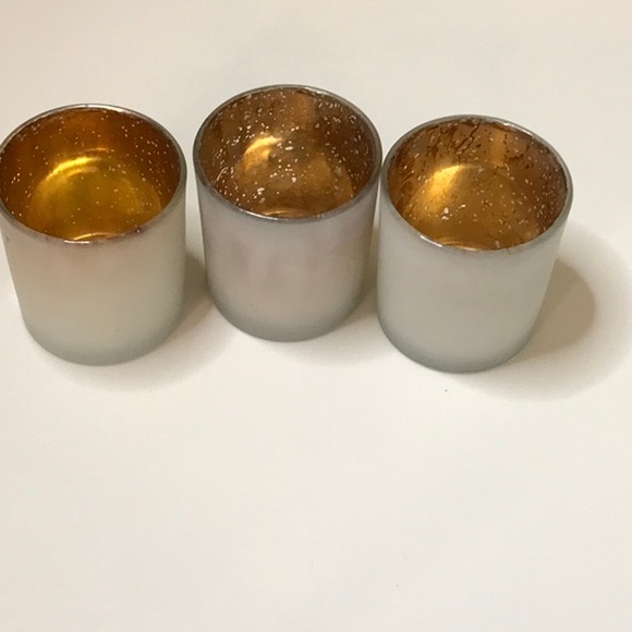 CANDLE GLASS VOTIVE HOLDER SET OF 3 SPELLS J0Y GOLD AND SILVER SPARKLE.  FROSTED - Picture 6 of 9
